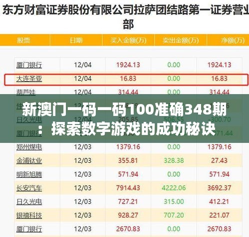 新澳门一码一码100准确348期：探索数字游戏的成功秘诀